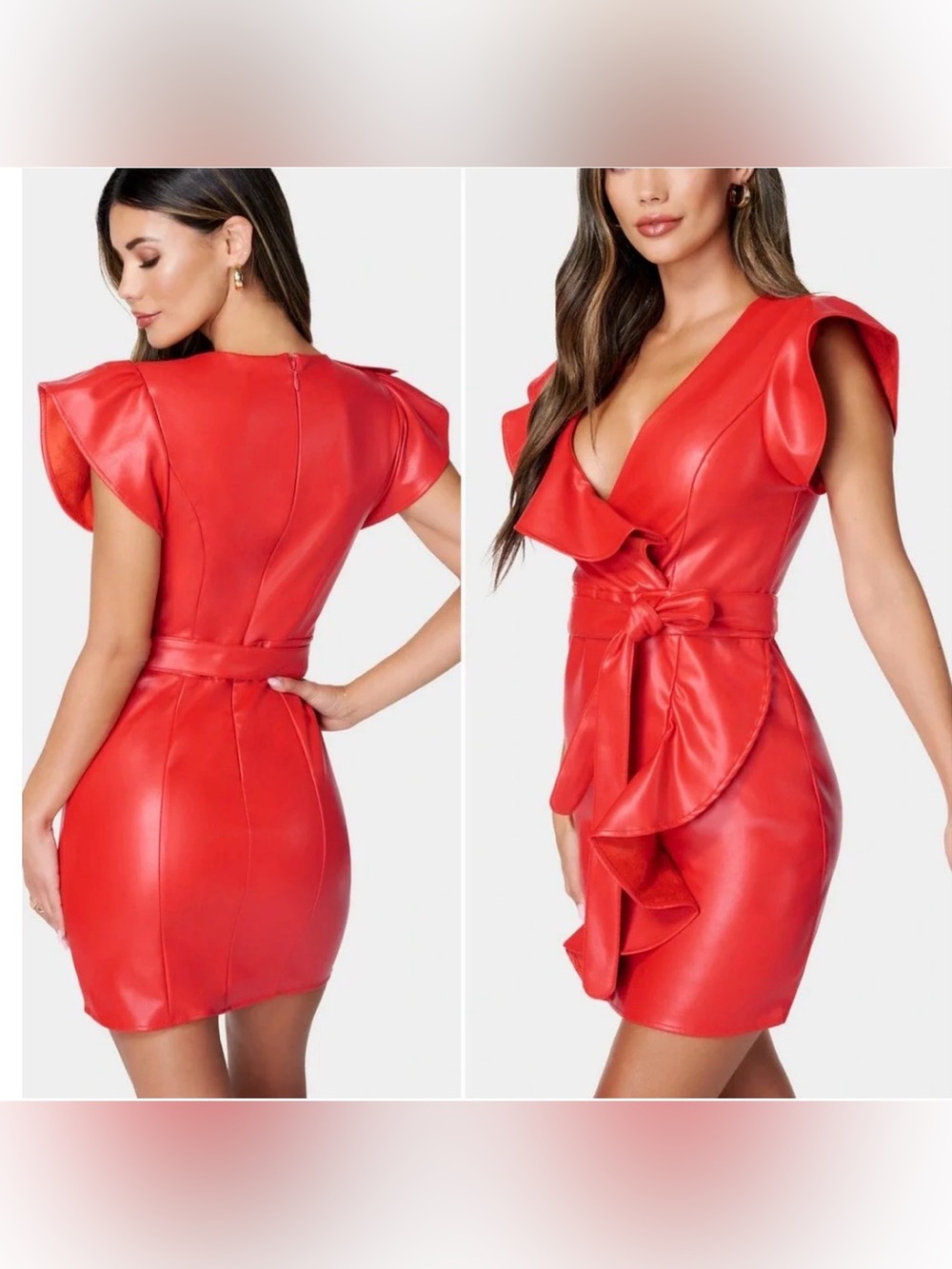 bebe Red Faux Leather Ruffle V-Neck Mini Dress